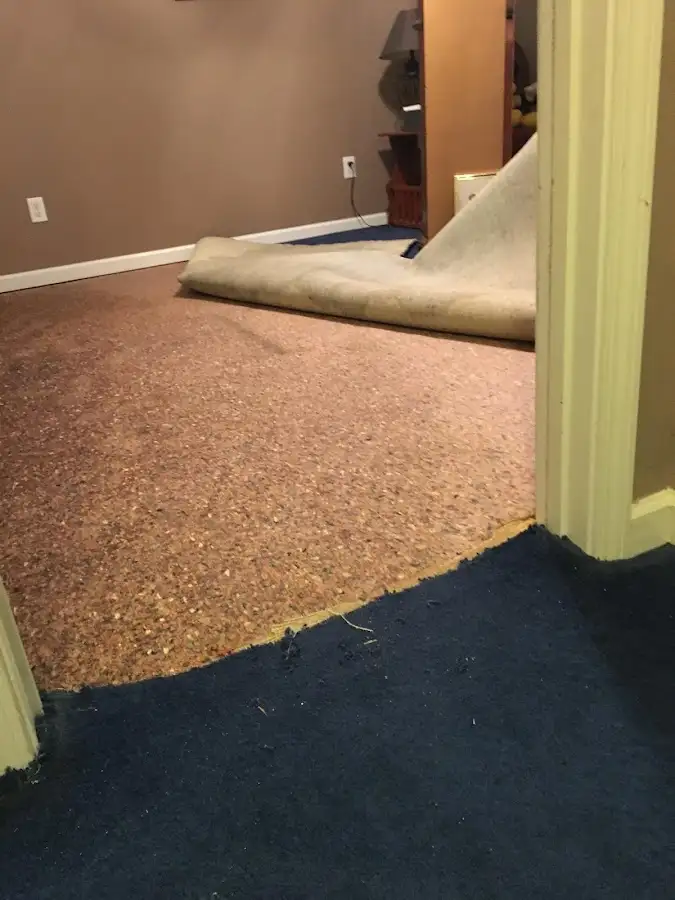 Carpet pad removal revealing water damage during Drying & Dehumidification in Spring Grove